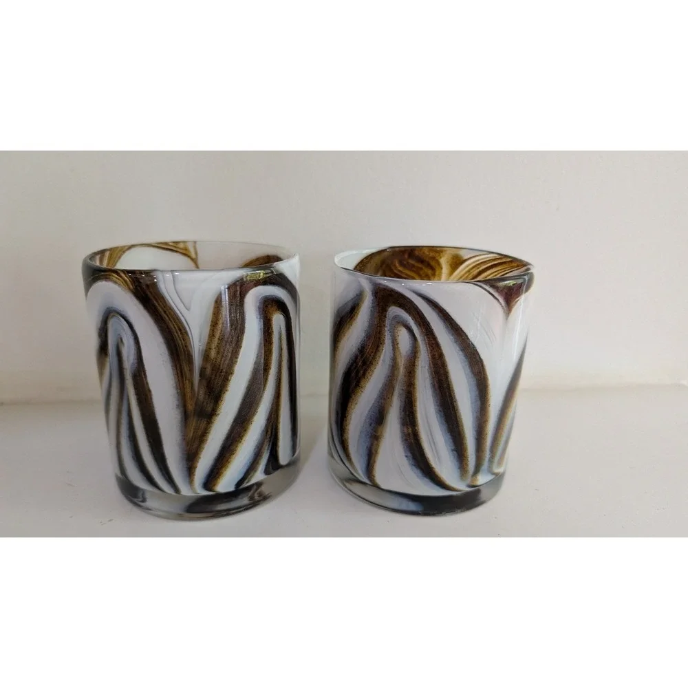 Vintage DB Hand Blown Art Glass Tumblers Brown White Swirl Marbled Glasses Set 2